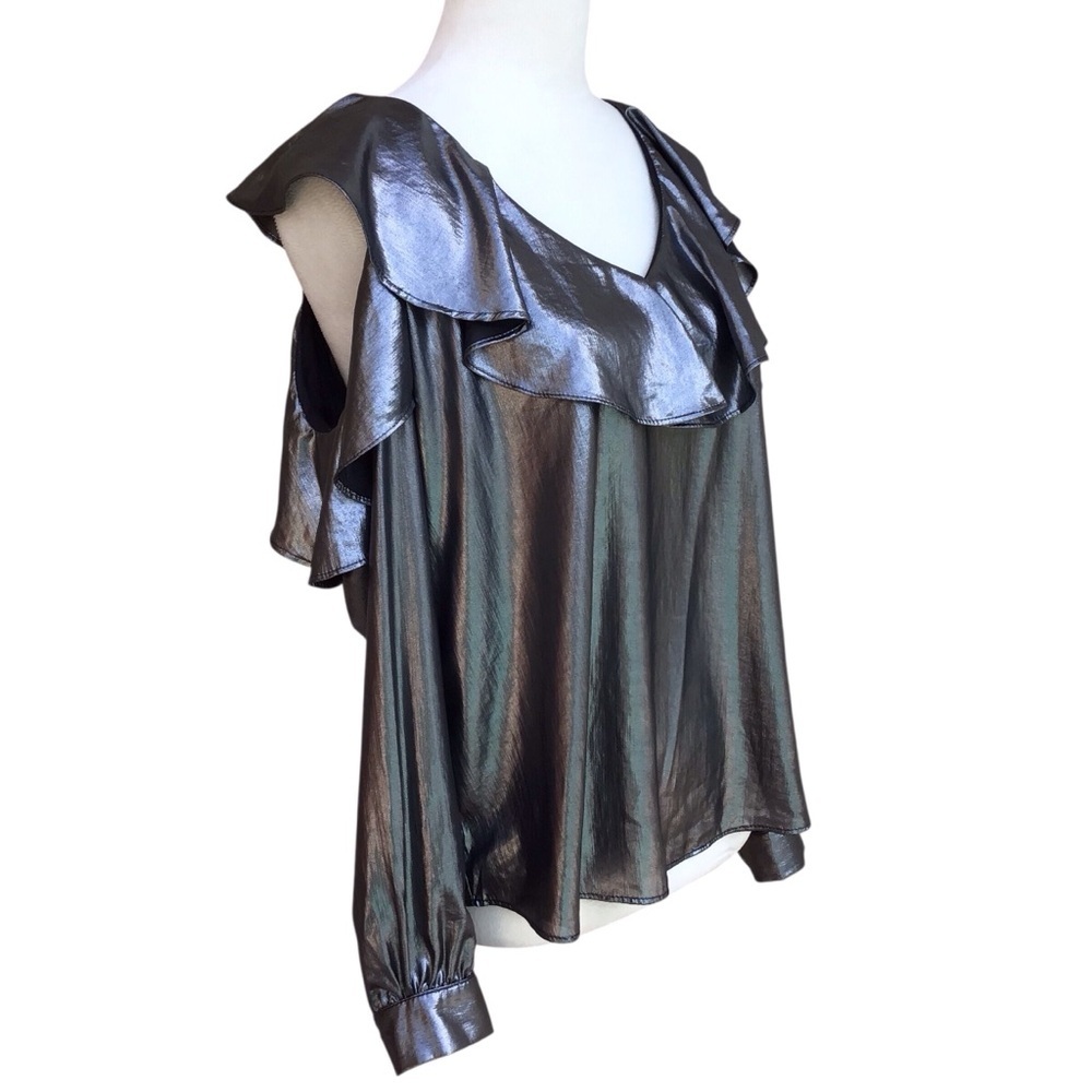 Revolve Krisa Metallic Cold Shoulder Ruffle Blouse - Picture 5 of 7